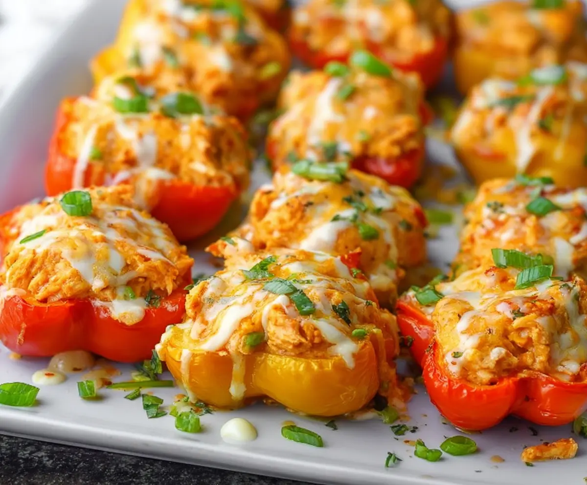 Delicious Buffalo Chicken Dip Stuffed Mini Peppers served as a spicy appetizer.