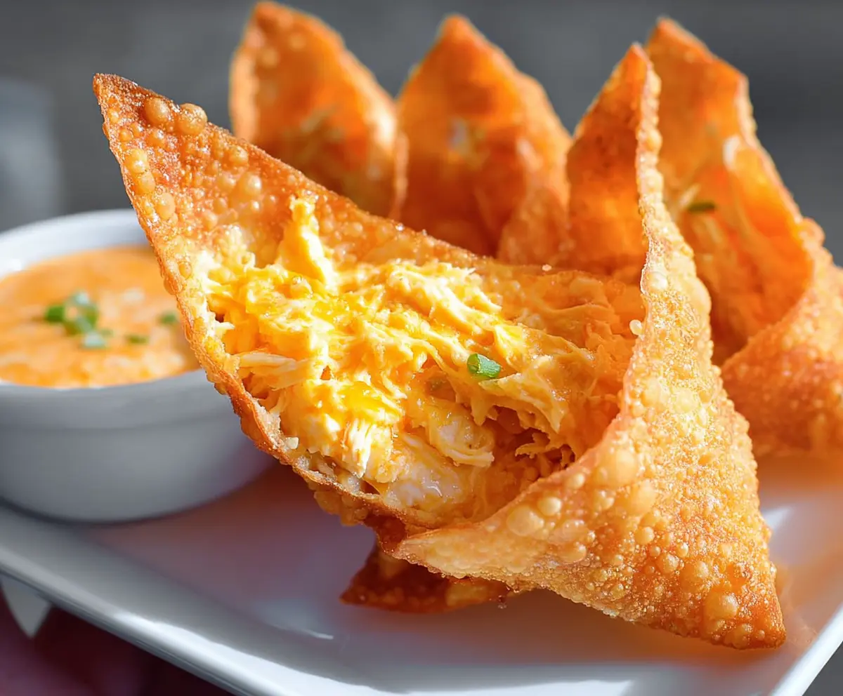 Delicious buffalo chicken rangoons with crispy golden exterior and spicy filling, perfect as an appetizer.