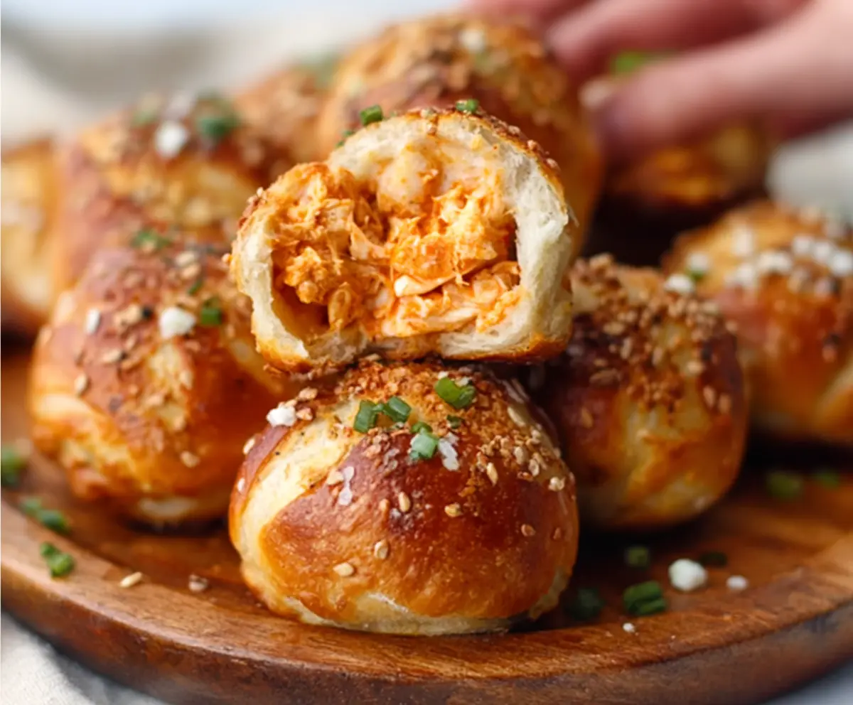 Creamy buffalo chicken stuffed pretzel bites on a serving platter, garnished with green herbs.
