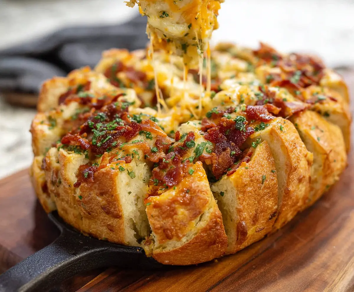 Delicious Cheesy Bacon Ranch Pull-Apart Bread with melted cheese, crispy bacon, and fresh herbs on a rustic serving board.
