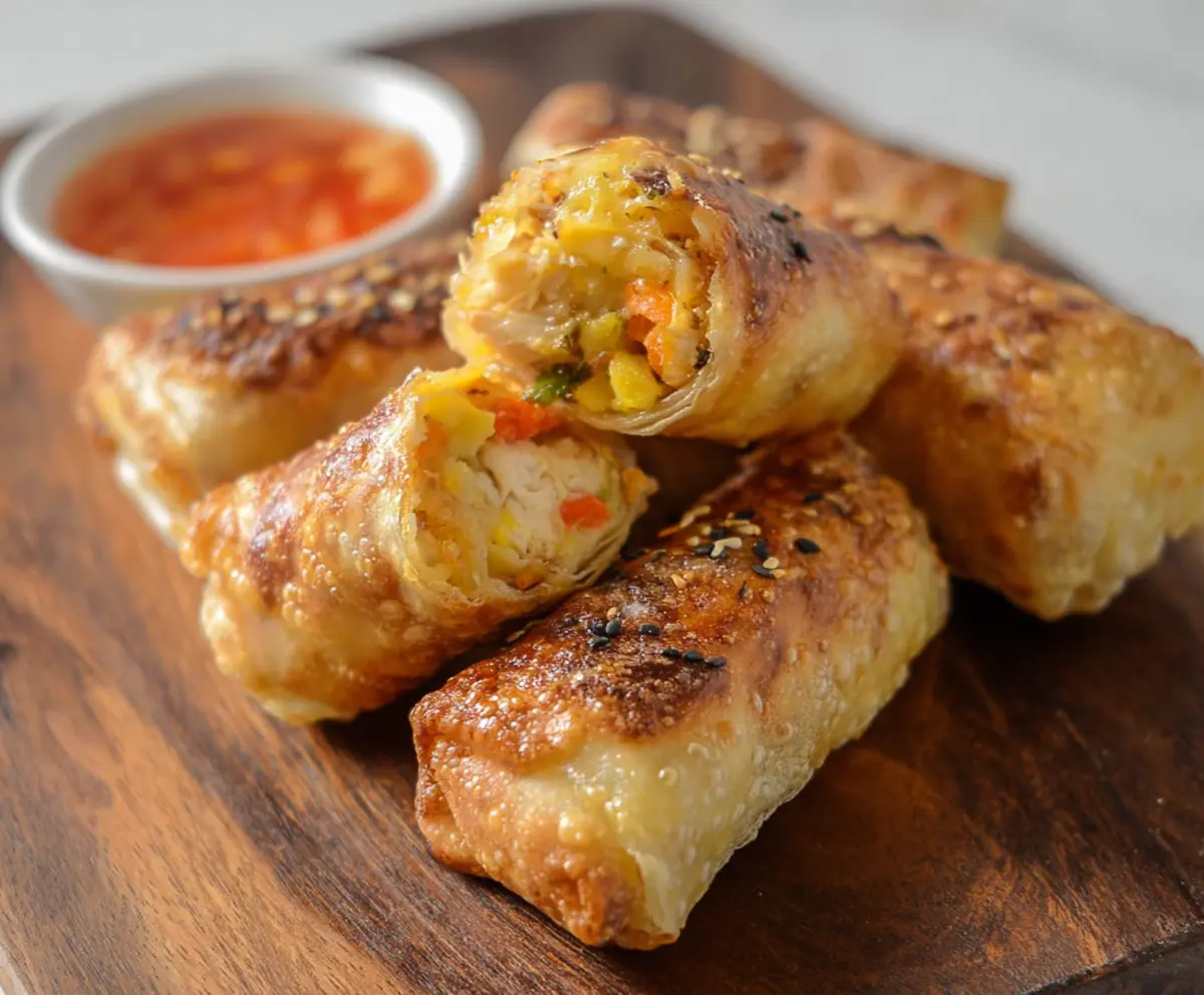 Delicious cheesy chicken spring roll with melted cheese and crispy pastry, perfect appetizer or snack.