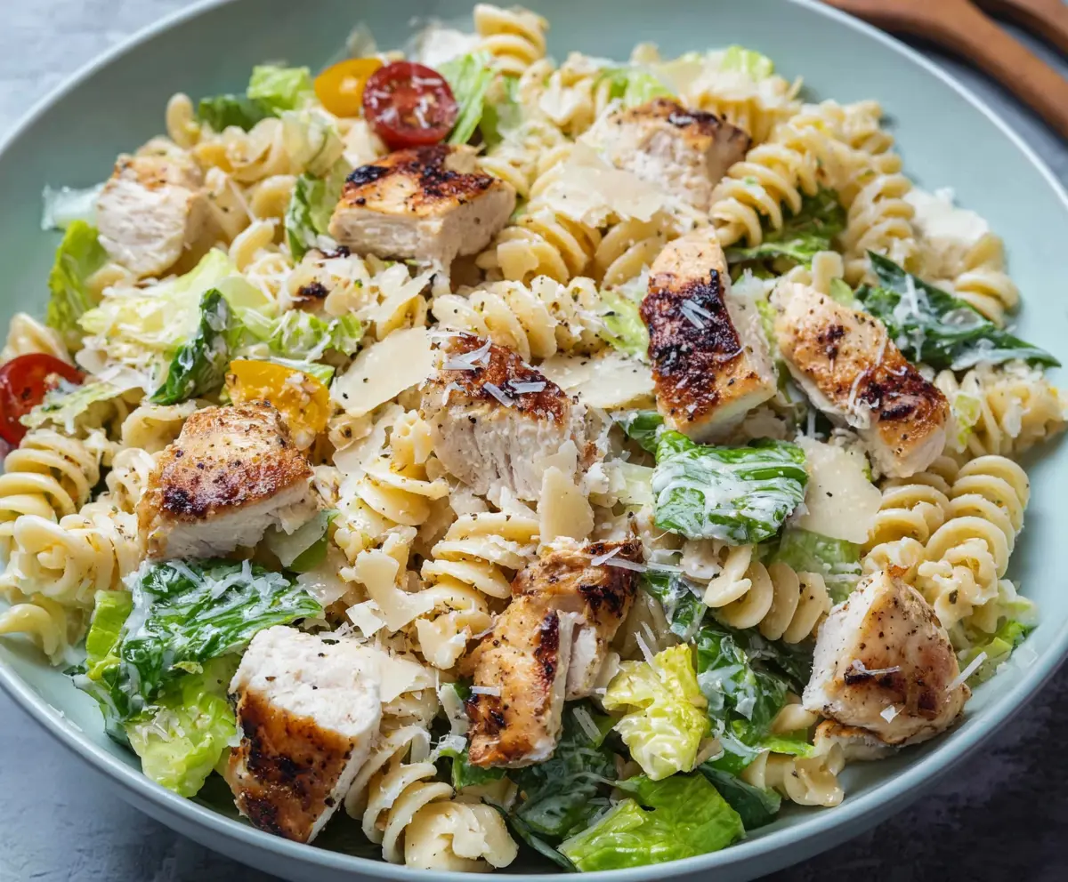 Fresh Chicken Caesar Pasta Salad with crisp romaine, tender pasta, and creamy Caesar dressing.