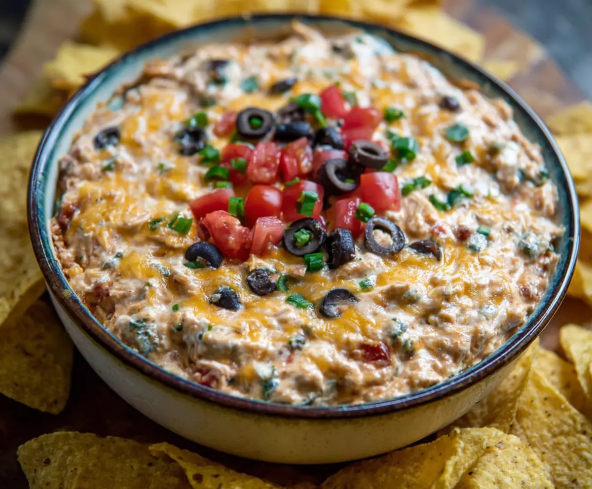Delicious Chicken Taco Dip in a bowl with shredded chicken, cheese, and fresh toppings for a party appetizer