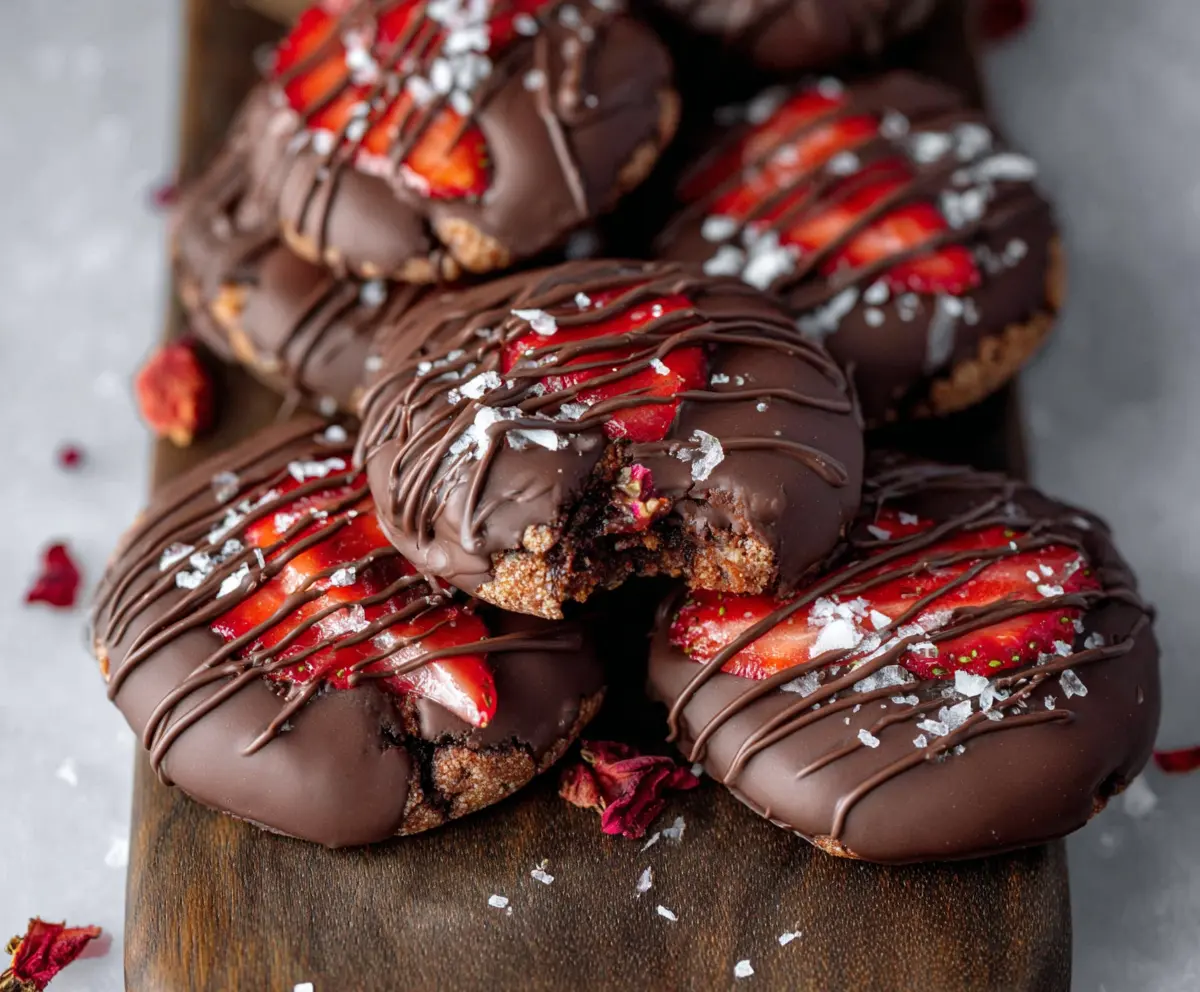Delicious chocolate-covered strawberry cookies with a glossy finish and fresh strawberry toppings.
