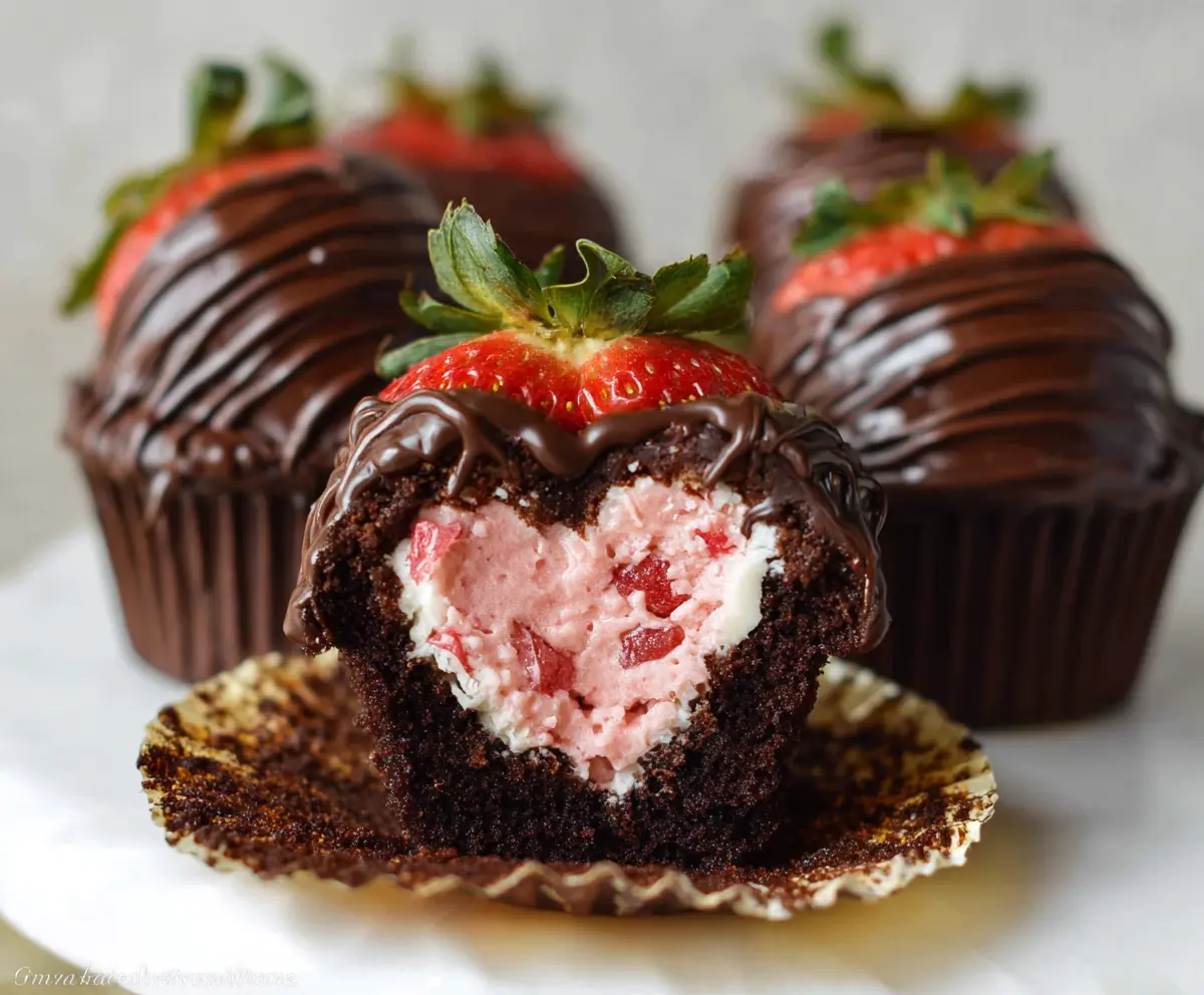 Delicious chocolate covered strawberry cupcakes with rich chocolate glaze and fresh strawberry toppings.
