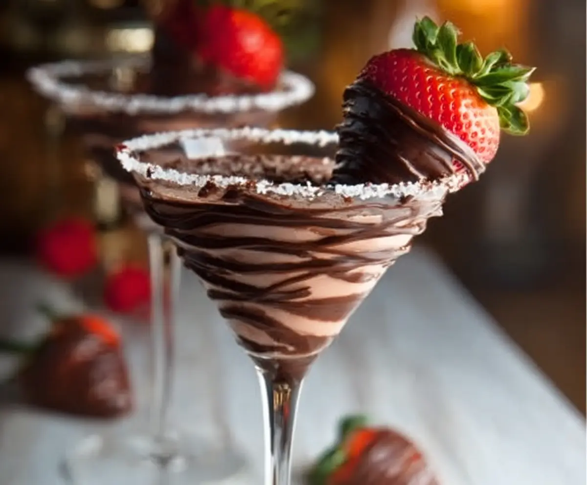 Delicious Chocolate Covered Strawberry Martini garnished with a fresh strawberry and chocolate drizzle.