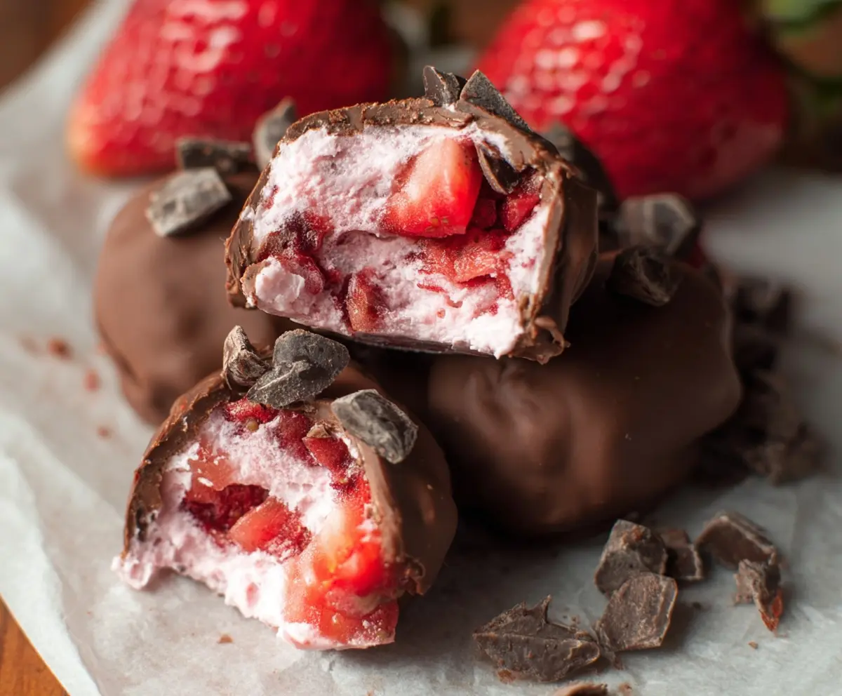 Delicious chocolate strawberry yogurt bites featuring fresh strawberries and rich chocolate coating