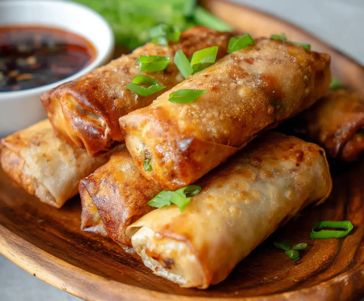 Golden crispy air fryer spring rolls filled with fresh vegetables, ready to serve as a delicious appetizer.
