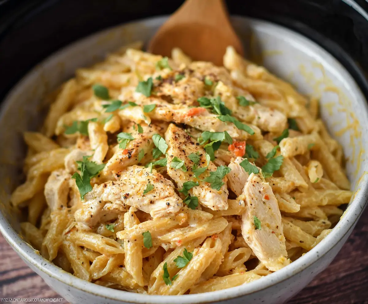 Creamy Crock Pot Cajun Chicken Pasta with colorful bell peppers and herbs