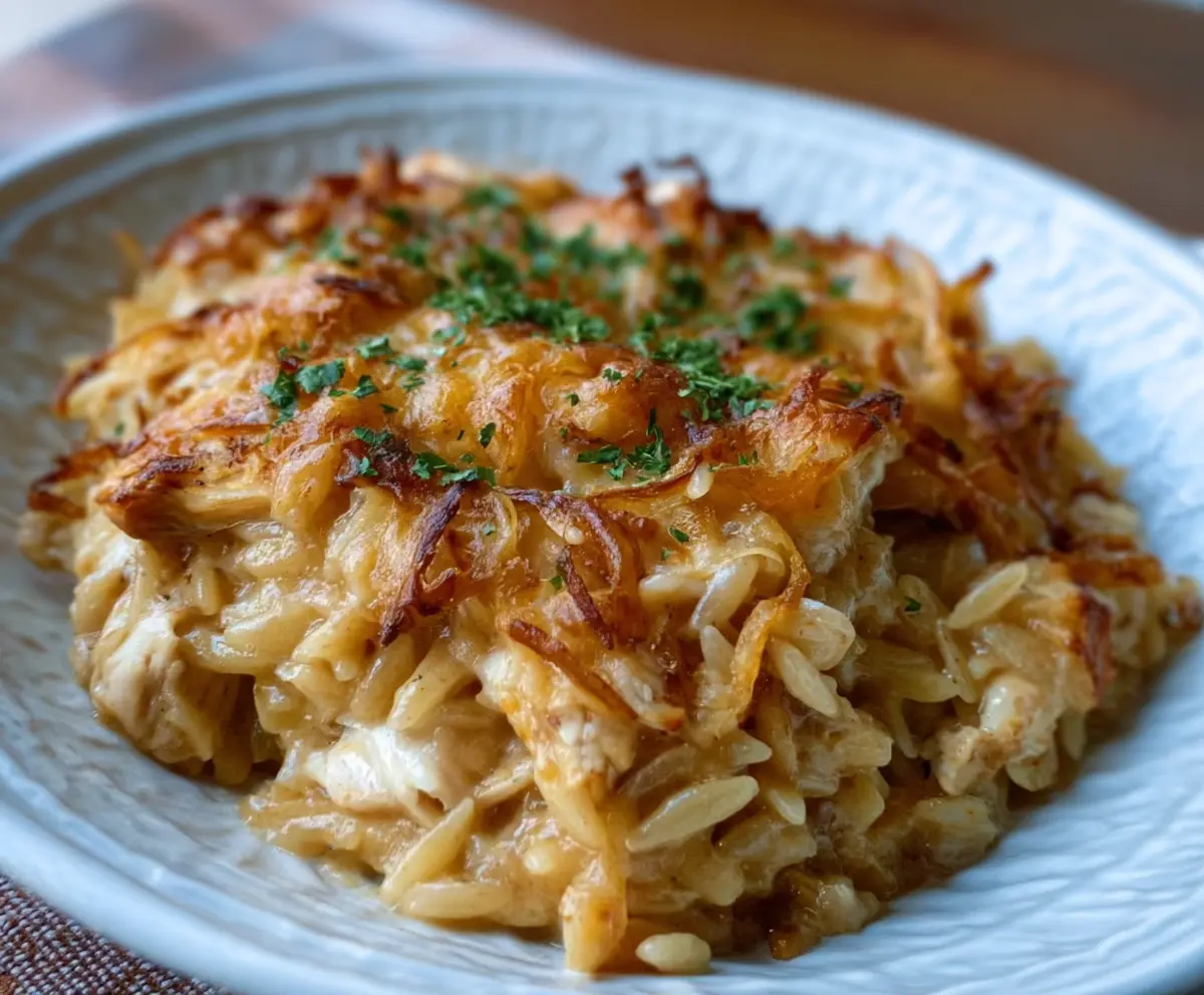 Easy French Onion Chicken Orzo Bake