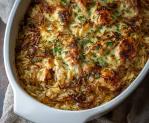 French Onion Chicken Orzo Casserole