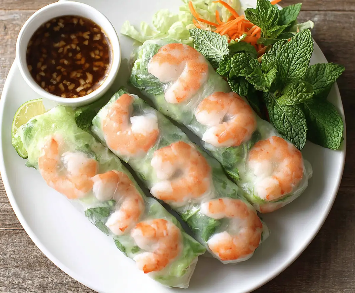 Delicious fresh Vietnamese shrimp spring rolls with colorful vegetables and herbs, served with dipping sauce.