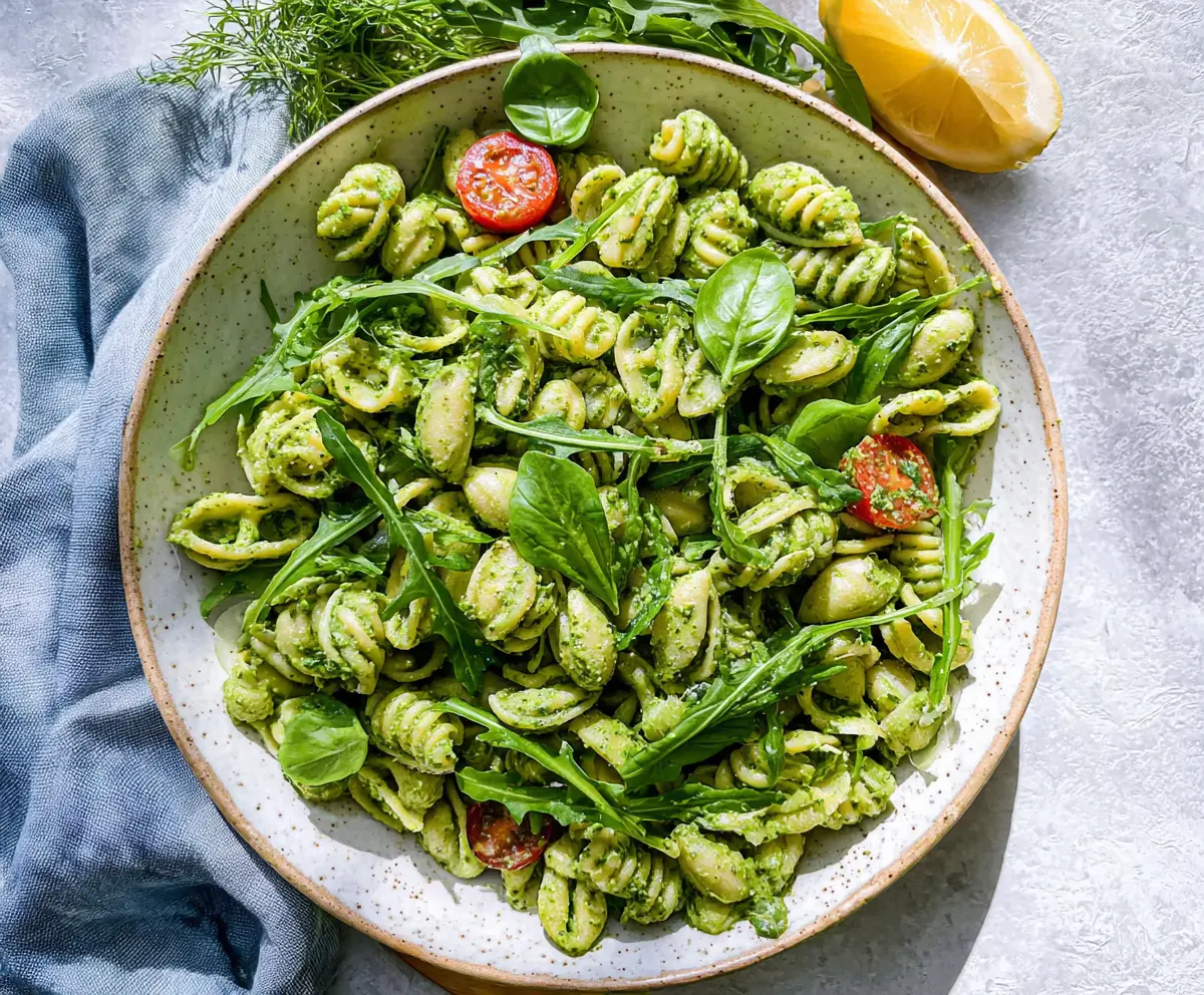 Fresh Green Goddess Pasta Salad with herbs and vegetables, perfect for a healthy summer meal