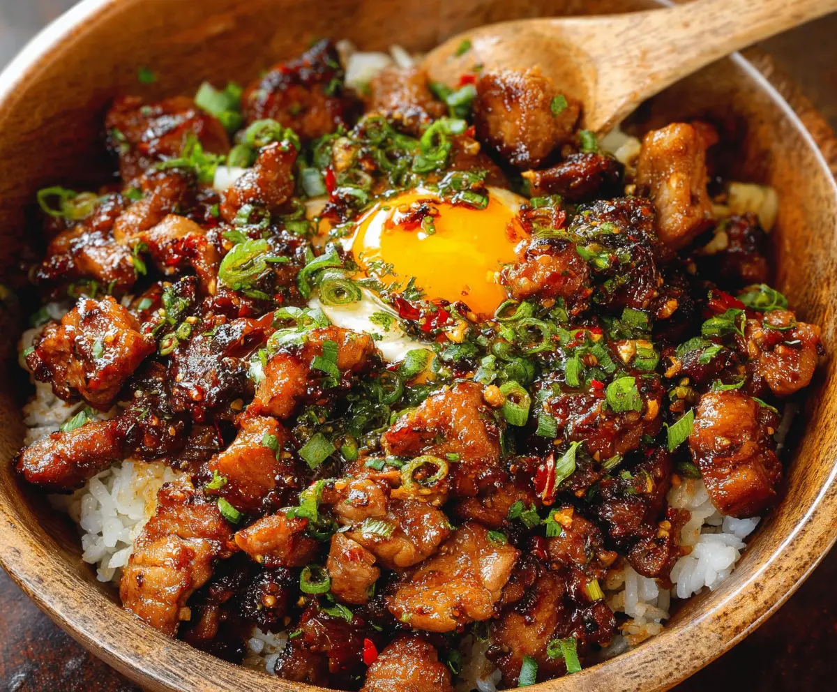 Delicious Honey Garlic Pork Rice Bowl served with fresh vegetables and a savory glaze.