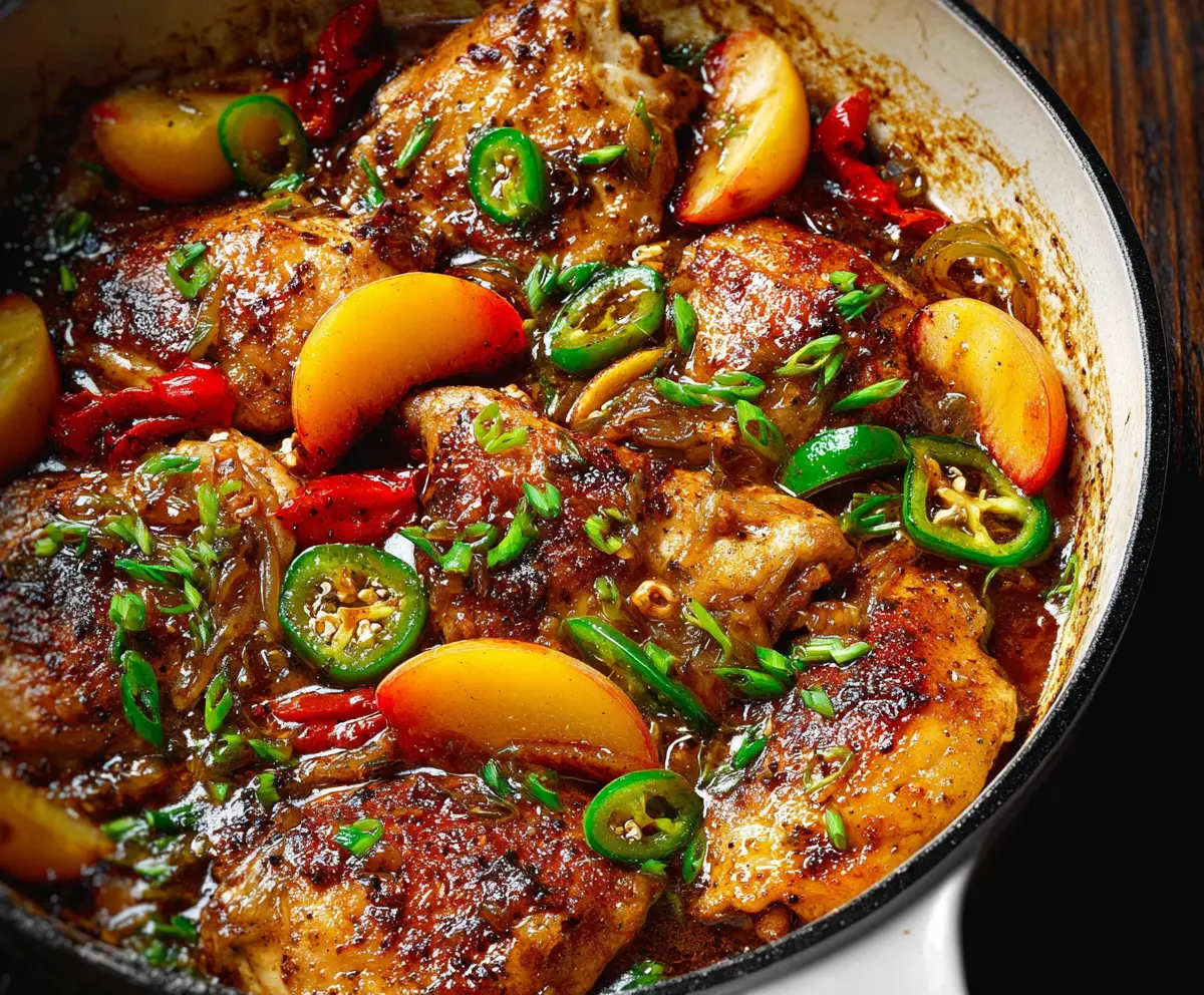 Juicy Jalapeno Peach Chicken served on a plate with fresh herbs, perfect for summer dinner.