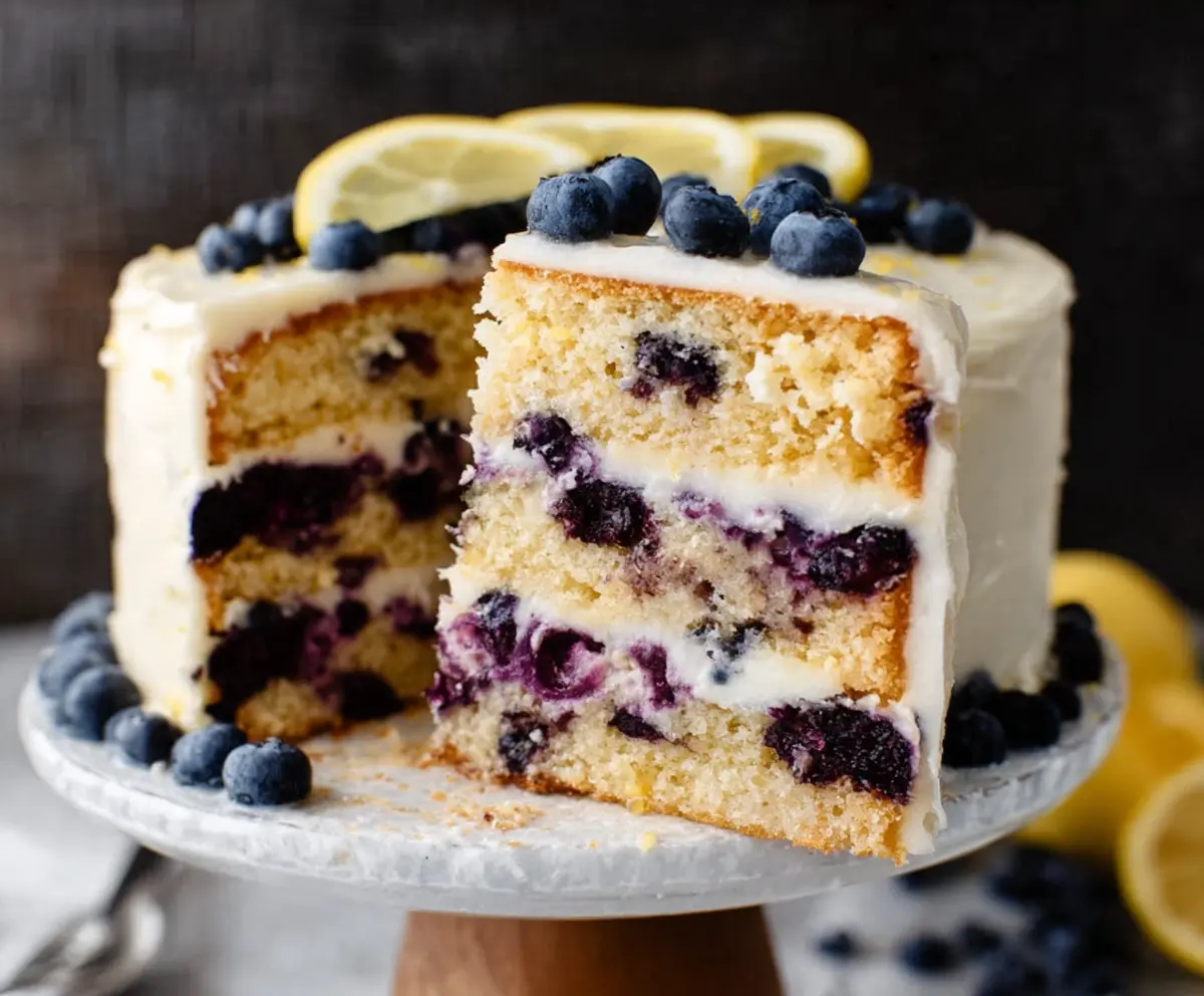 Delicious Lemon Blueberry Cake topped with fresh blueberries and zesty lemon slices, perfect for dessert or celebration.