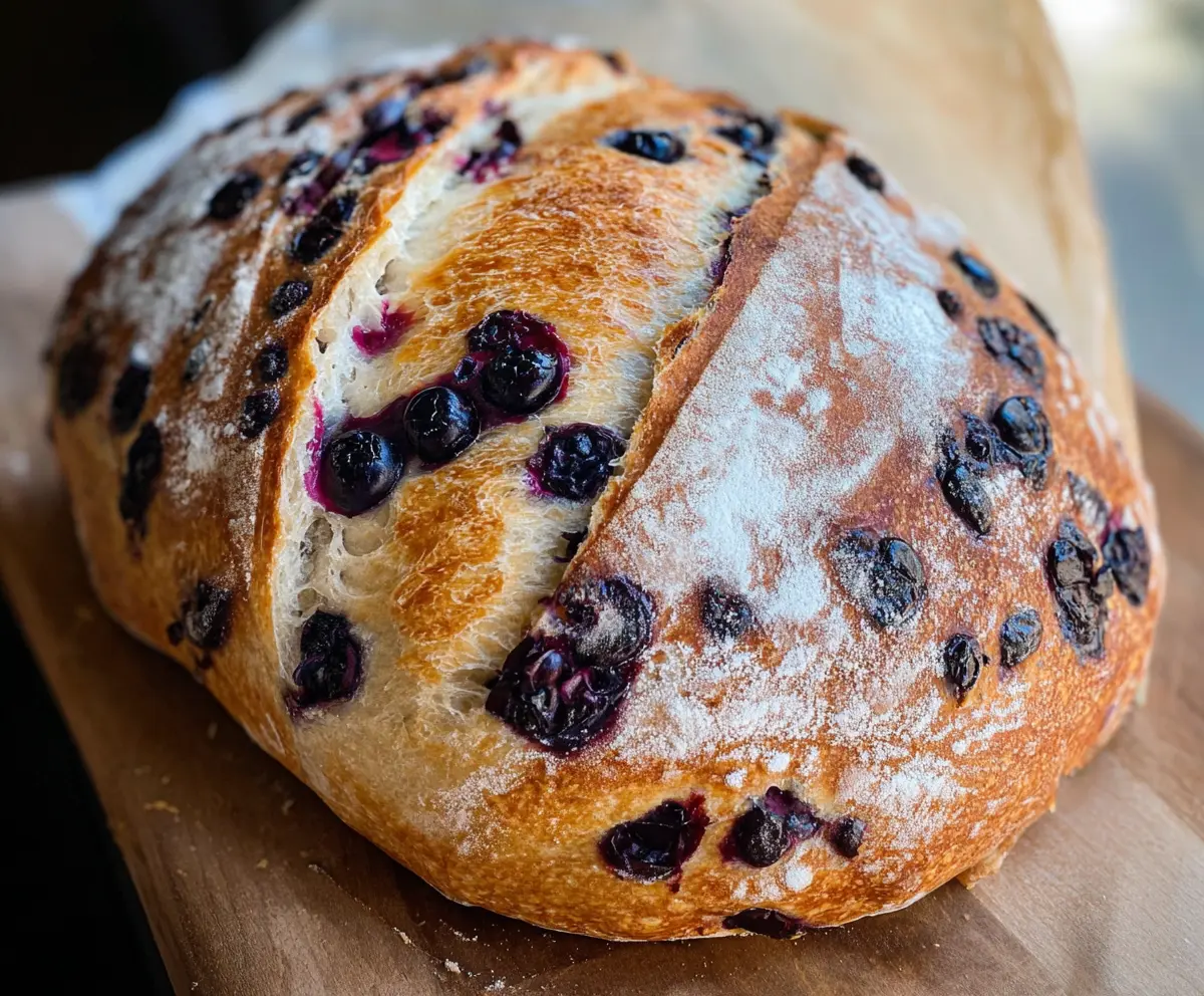 Fresh Lemon Blueberry Sourdough Bread on a wooden cutting board with blueberries and lemon slices.