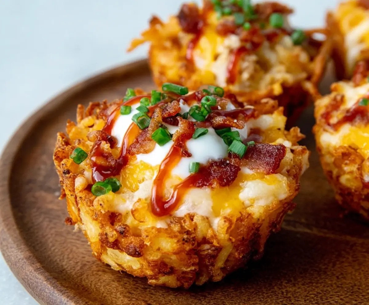 Delicious loaded tater tot cup with melted cheese, crispy bacon, and green onions.