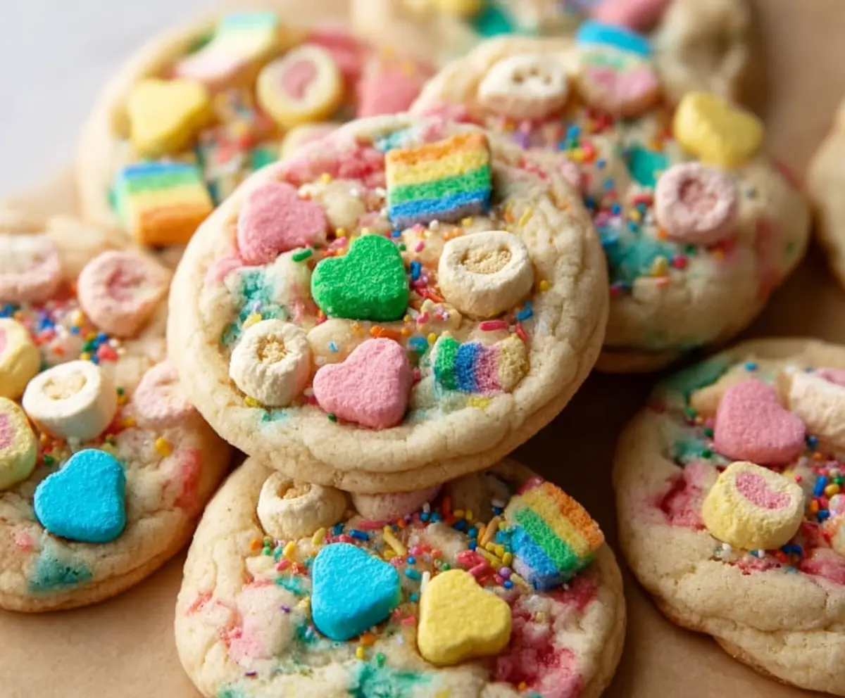 Delicious Lucky Charms cookies with colorful marshmallows and crispy edges.