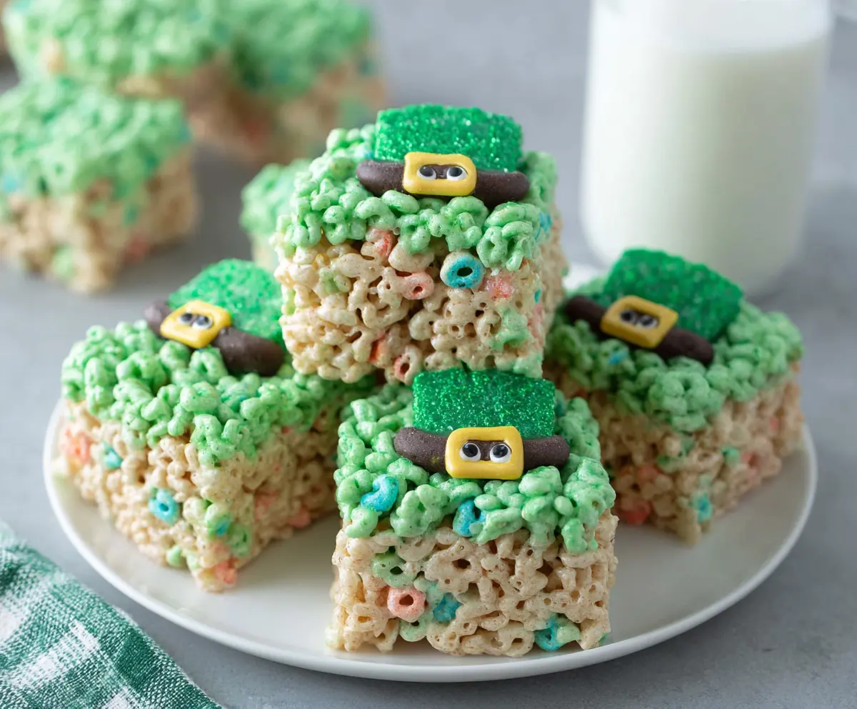Colorful Lucky Leprechaun Rice Krispie Treats decorated with rainbow sprinkles and gold coins for St. Patrick's Day celebration.