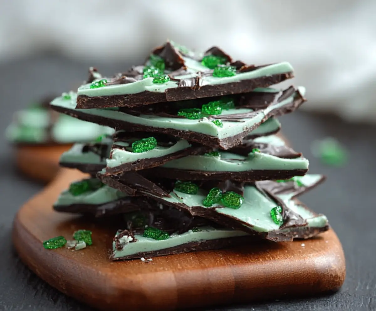 Delicious Mint Chocolate Shamrock Bark topped with fresh mint and green shamrock-shaped decorations for St. Patrick's Day