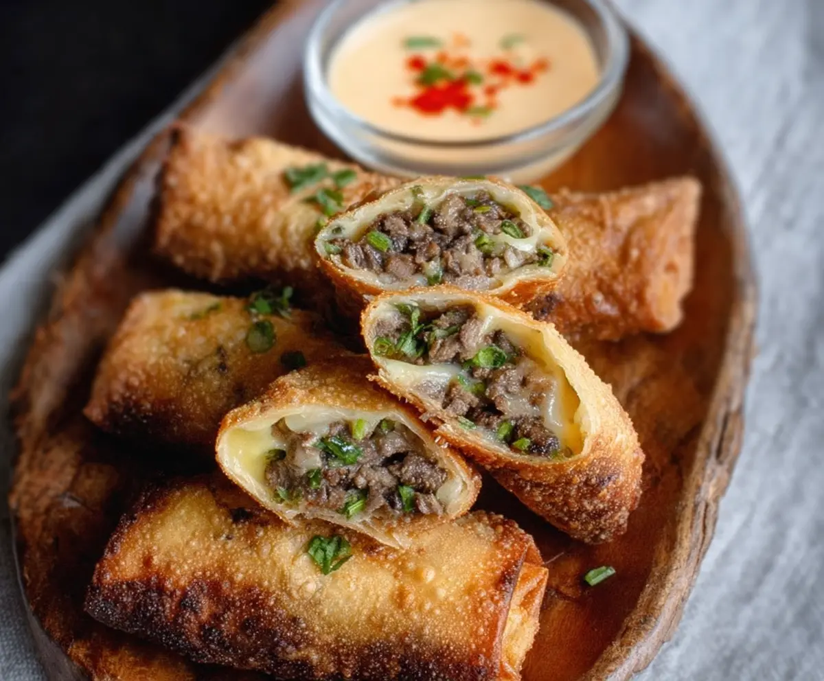 Delicious Philly Cheesesteak Egg Rolls filled with tender steak, melted cheese, and crispy appetizer wrap.