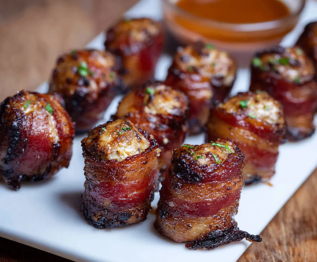 Savory pig shot appetizer with bacon-wrapped sausage and spicy peppers served on a platter.