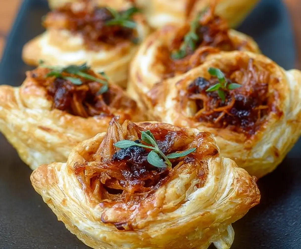 Delicious pulled pork pastry puffs with golden crispy crust served on a white plate