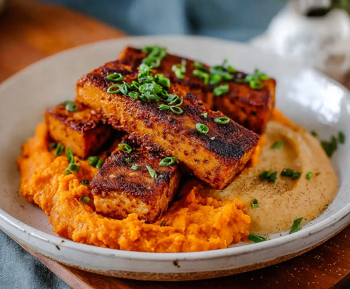 Delicious smoky tofu steak served with creamy mashed sweet potatoes on a plate.