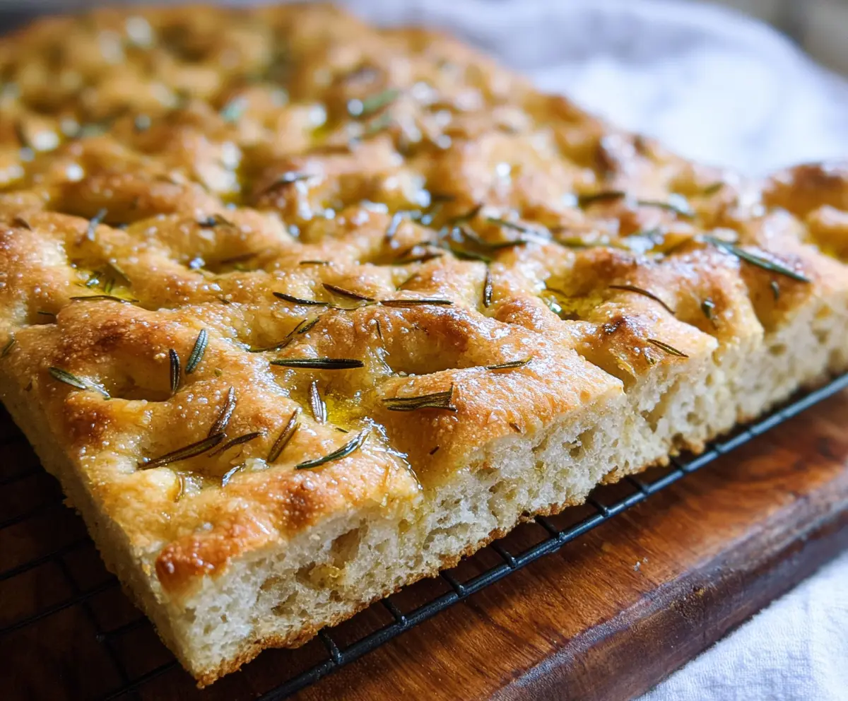 Golden sourdough discard focaccia topped with fresh rosemary and drizzled with olive oil, served as a savory bread appetizer.