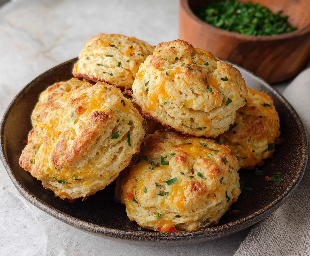 Delicious homemade sourdough discard savory cheddar biscuits on a rustic platter.