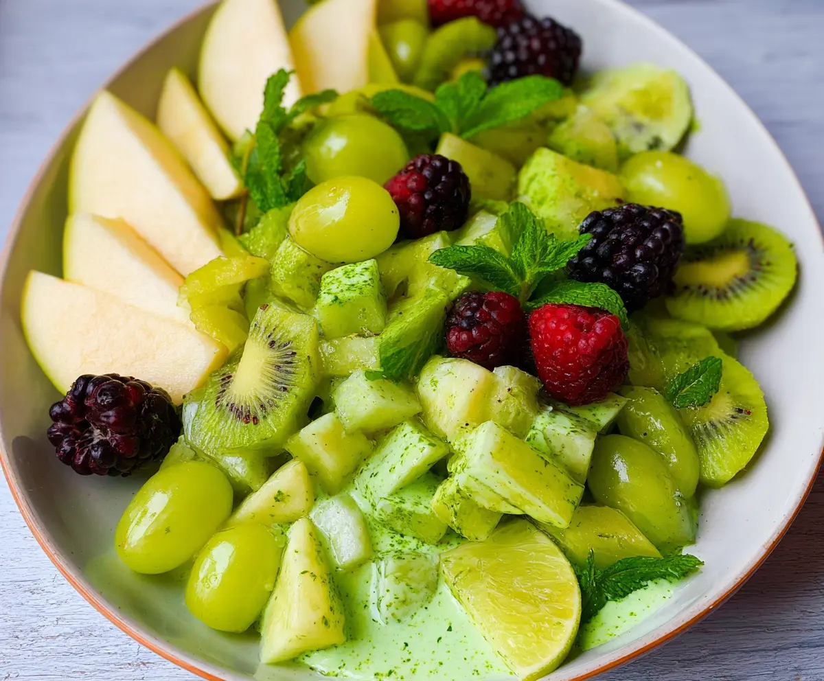 Colorful green fruit salad for St. Patrick's Day with fresh kiwi, honeydew, and green grapes