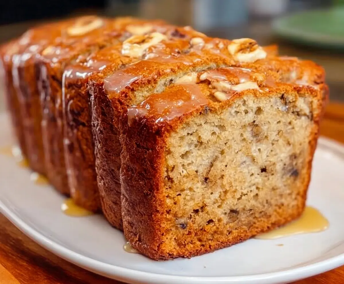 Delicious homemade Starbucks-style banana bread on a serving plate with bananas and nuts