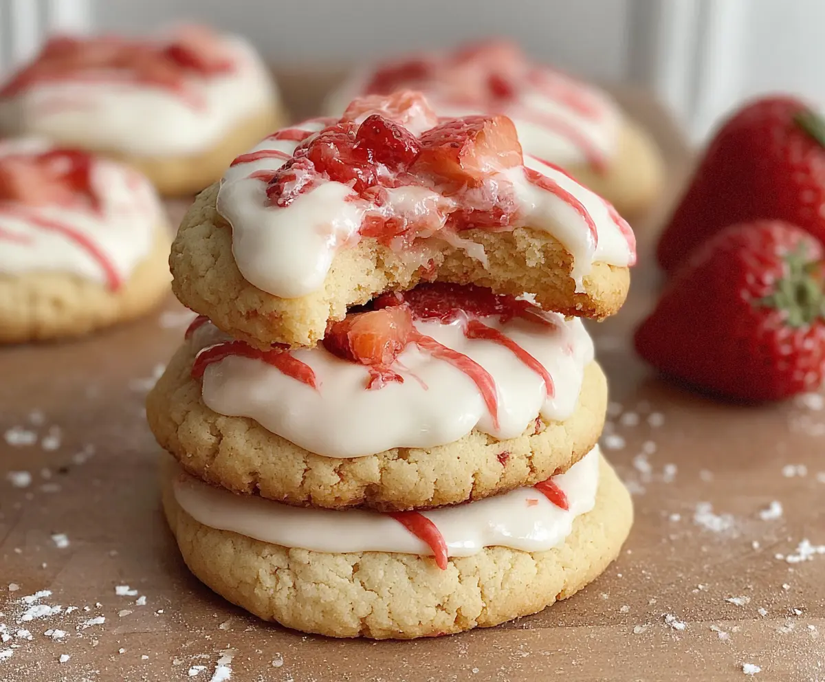 Delicious strawberry shortcake cookies with fresh strawberries and whipped cream on top.