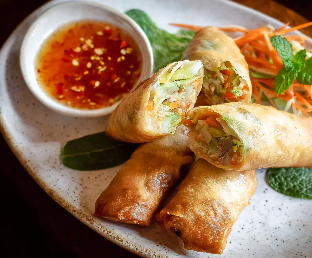 Fresh Thai spring rolls filled with colorful vegetables and herbs, served with dipping sauce.