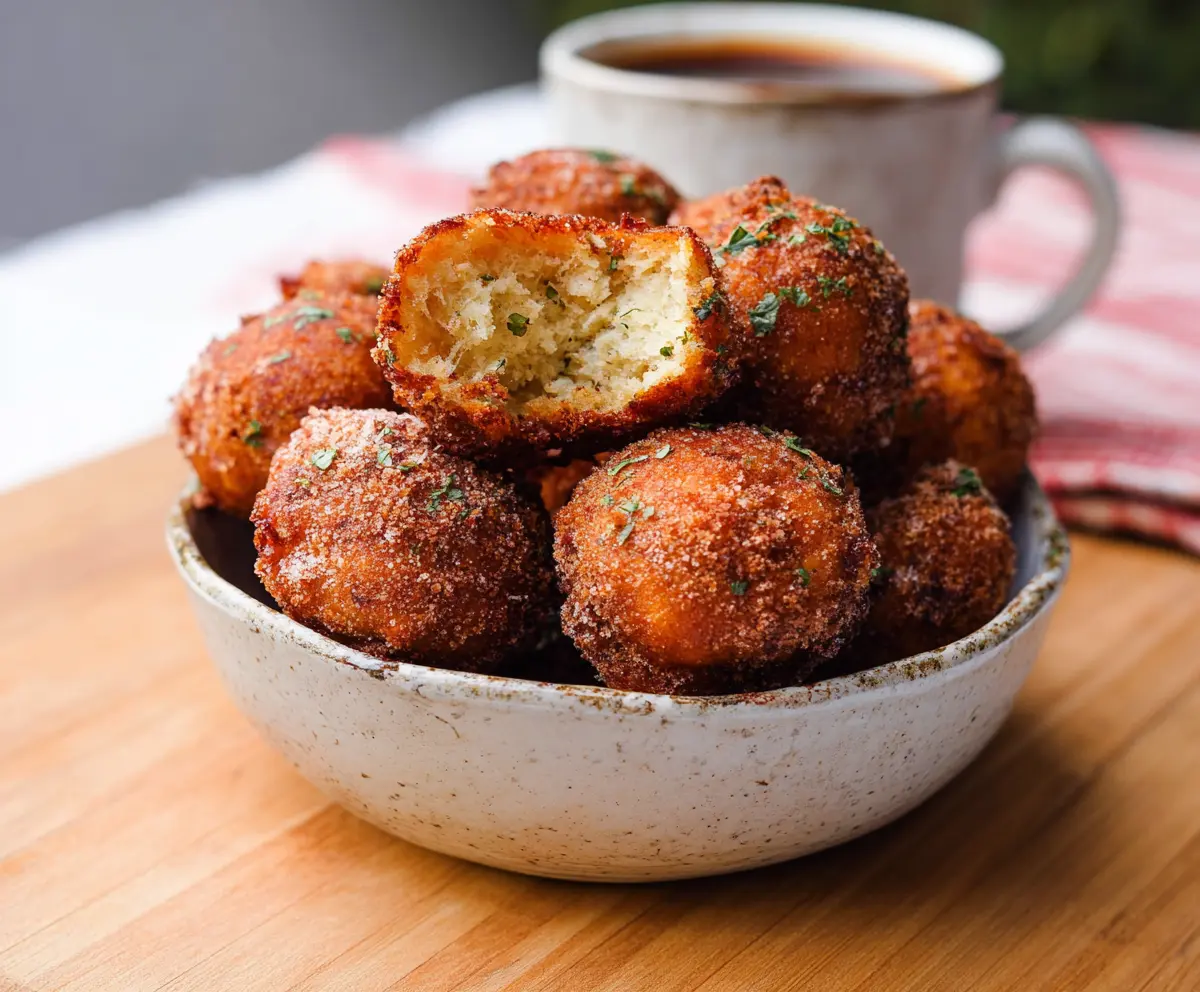 Golden crispy tofu donut balls served with dipping sauce, perfect for a vegetarian snack or appetizer.