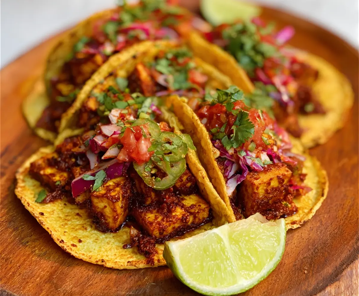 Delicious tofu tacos filled with fresh vegetables and savory sauce, perfect for a healthy meal.