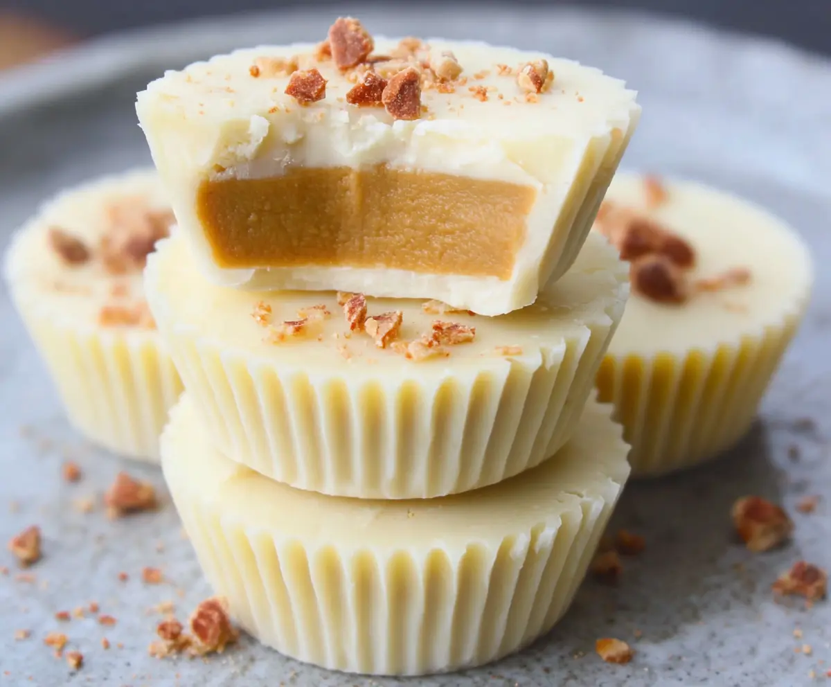 Delicious white chocolate peanut butter cups filled with creamy peanut butter and topped with smooth white chocolate.