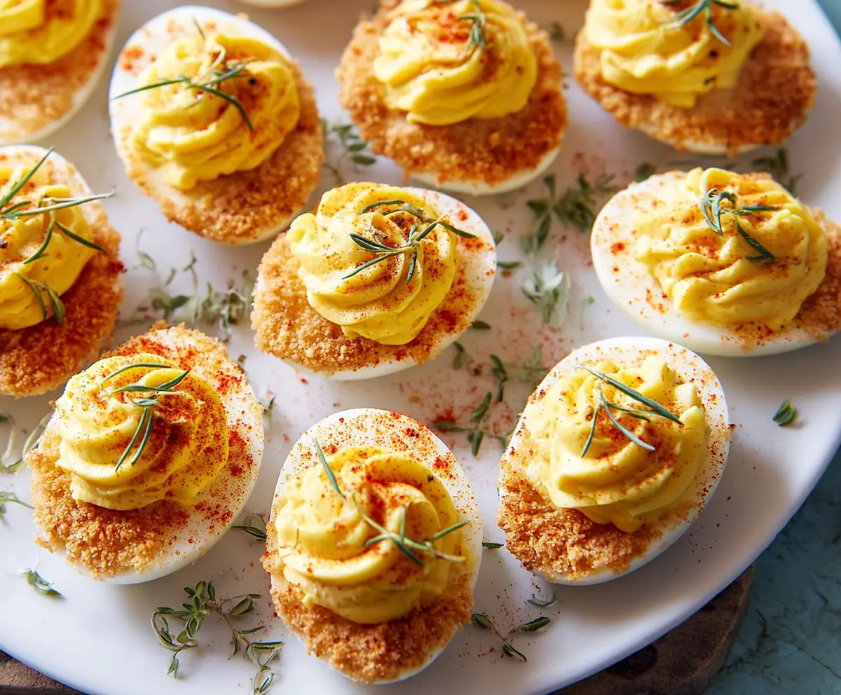 Air Fryer Deviled Eggs on a plate with paprika garnish, perfect for a quick appetizer.