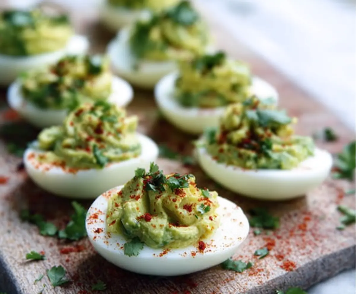 Creamy avocado deviled eggs garnished with paprika and fresh herbs for a flavorful appetizer.
