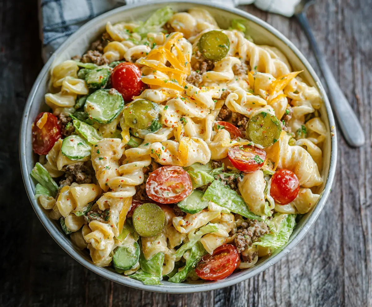 Delicious Big Mac Pasta Salad featuring seasoned pasta, lettuce, cheese, and special sauce in a vibrant bowl.