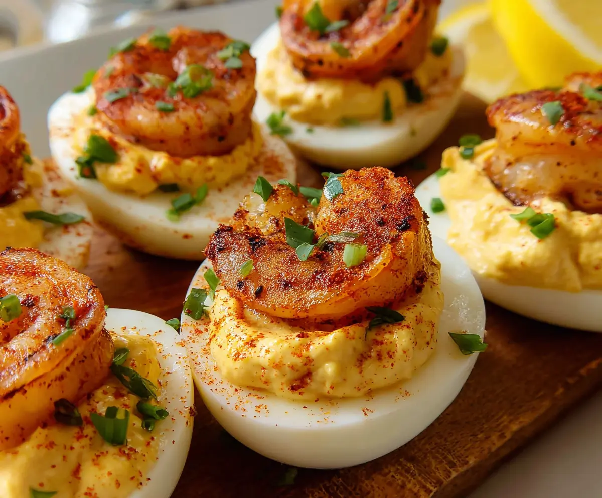 Delicious Cajun Shrimp Deviled Eggs topped with fresh herbs on a serving platter.