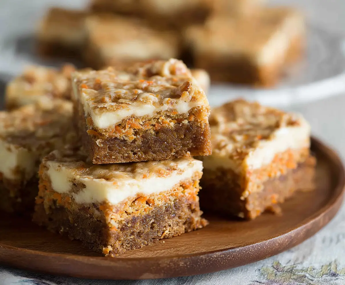 Delicious homemade carrot cake bars with cream cheese frosting, perfect for dessert or a sweet snack.