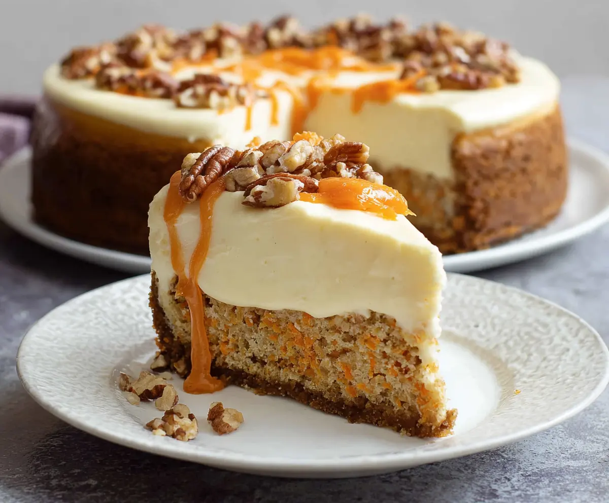 Creamy carrot cake cheesecake topped with whipped frosting and grated carrots on a decorative plate.