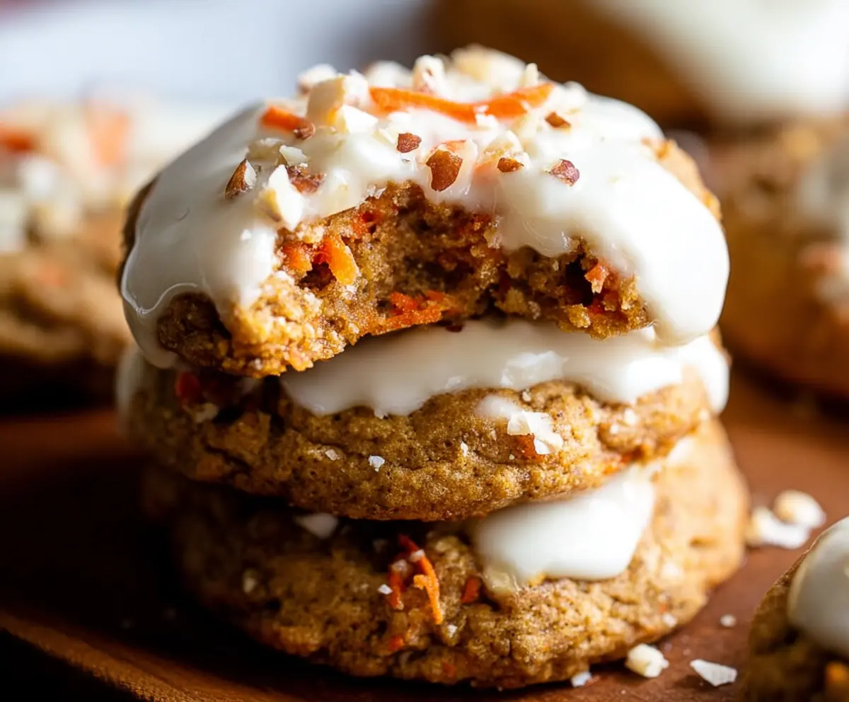 Delicious homemade carrot cake cookies with cream cheese frosting and grated carrots on top.