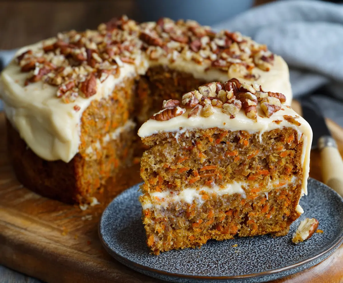 Delicious homemade carrot cake topped with smooth cream cheese frosting, perfect for celebrations.