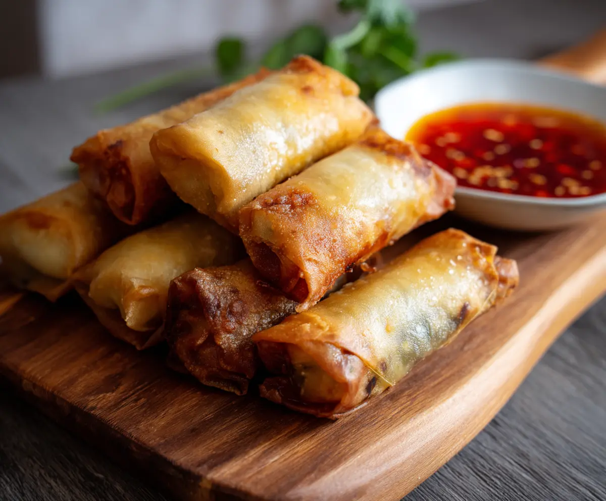 Crispy baked vegetable spring rolls on a plate, garnished with fresh herbs and served with dipping sauce.