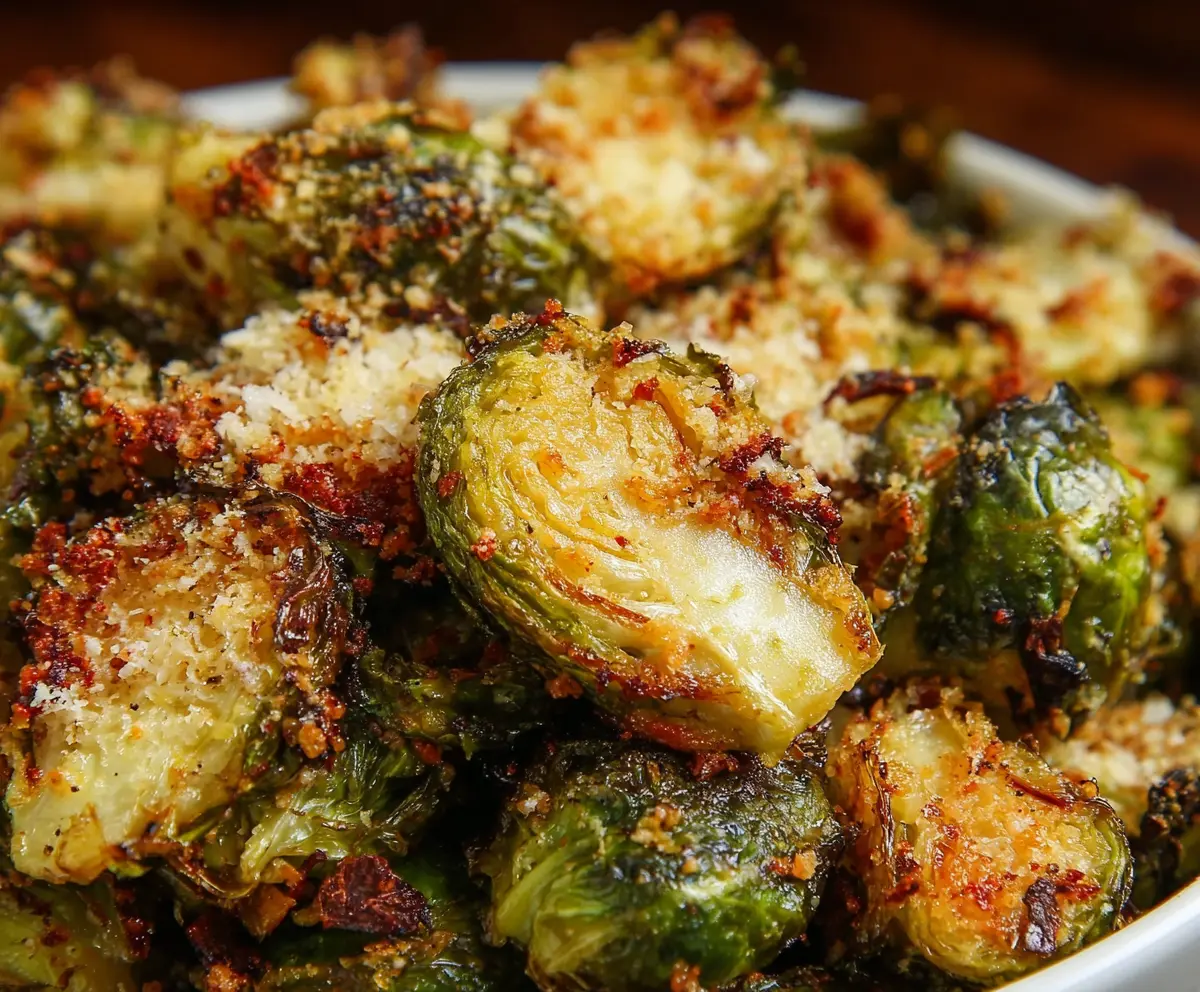 Delicious Garlic Parmesan Roasted Brussels Sprouts on a plate with golden-brown edges and melted cheese.