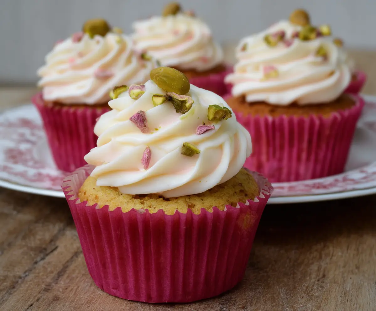 Delicious honey pistachio rosewater cupcakes garnished with edible rose petals and crushed pistachios.