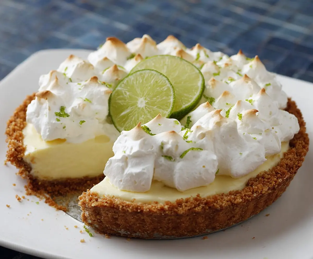 Creamy Key Lime Pie topped with fresh lime slices and a graham cracker crust, perfect for dessert.